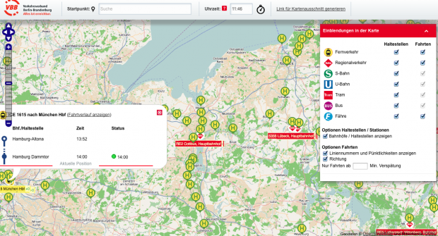 In Hamburg sehen wir einen ICE von München. (VBB/cc-by-sa 2.0 Openstreetmap.org/Screenshot: Golem.de)
